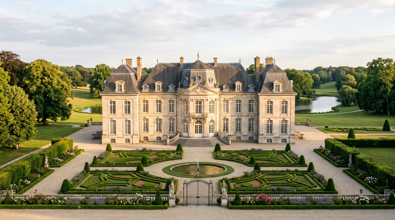 Façade classique du Château de Bois-Seigneur-Isaac et ses jardins à la française