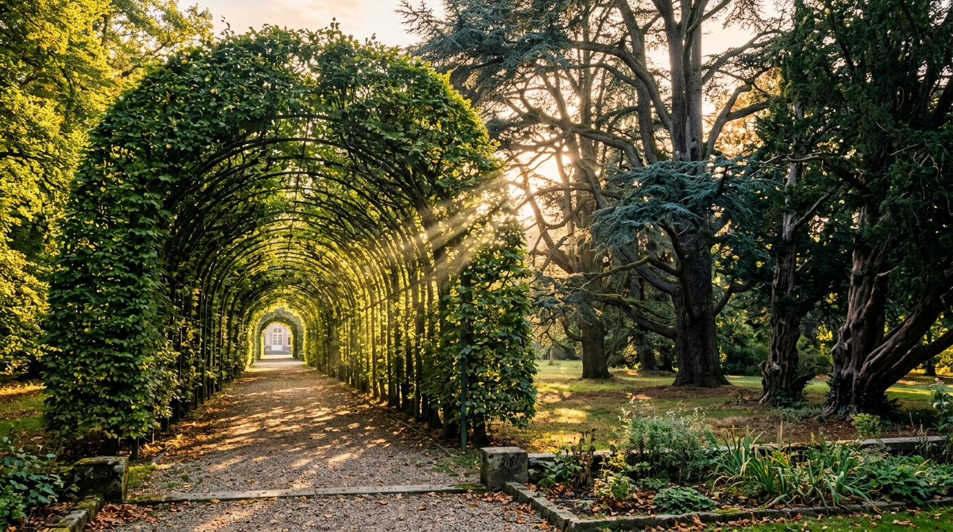 Charmille taillée en berceau et parc arboré du domaine